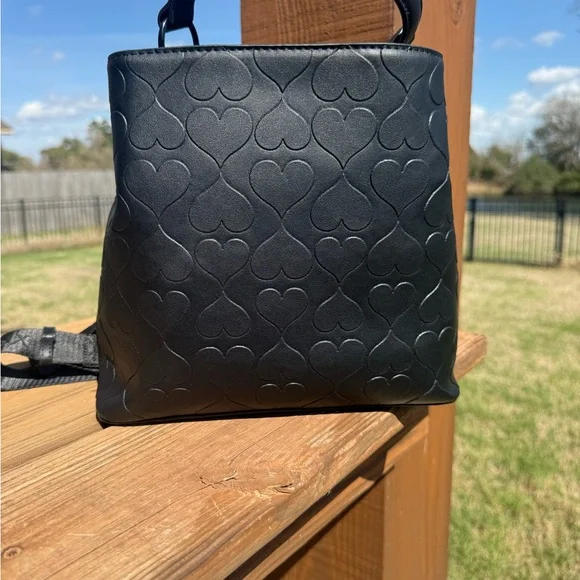 NWT Betsey Johnson XOMIA heart embossed Bucket Black bag - Picture 5 of 9